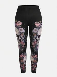Pretty Circuits Artist Dark Plus Skull & Floral Print Leggings, For Summer, Holiday, Vacation, Festival - Black - View 1
