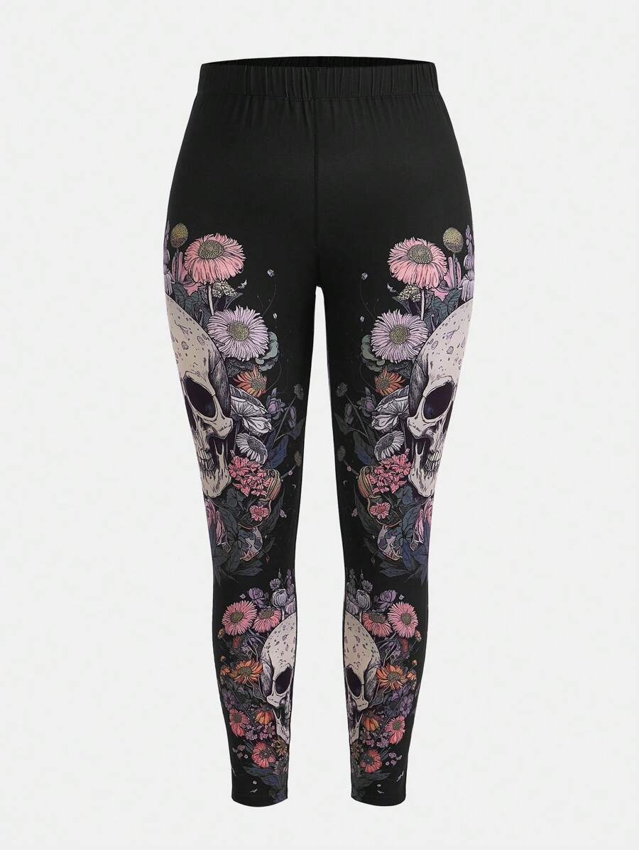 Pretty Circuits Artist Dark Plus Skull & Floral Print Leggings, For Summer, Holiday, Vacation, Festival - Black - View 1