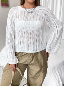 Flirla Plus Solid Pointelle Knit Sweater Knit Pullover Fall Winter Outfit - White - View 3