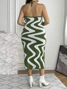 Flirla Plus Wave Striped Pattern Halter Sweater Dress - Multicolor - View 2