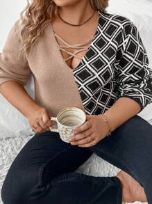 SHEIN LUNE Suéter de punto con estampado geométrico y cruce delantero, suéter de otoño e invierno - Multicolor - Ver 8