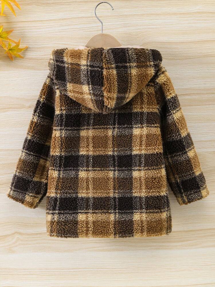 Young Boy Plaid Pattern Hooded Duffle Teddy Coat