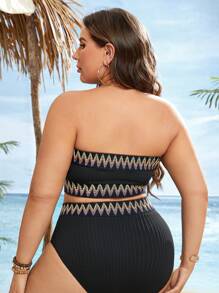 SHEIN Swim Curve Summer Beach Plus Chevron Pattern Bandeau Bikini Set - Black - View 2