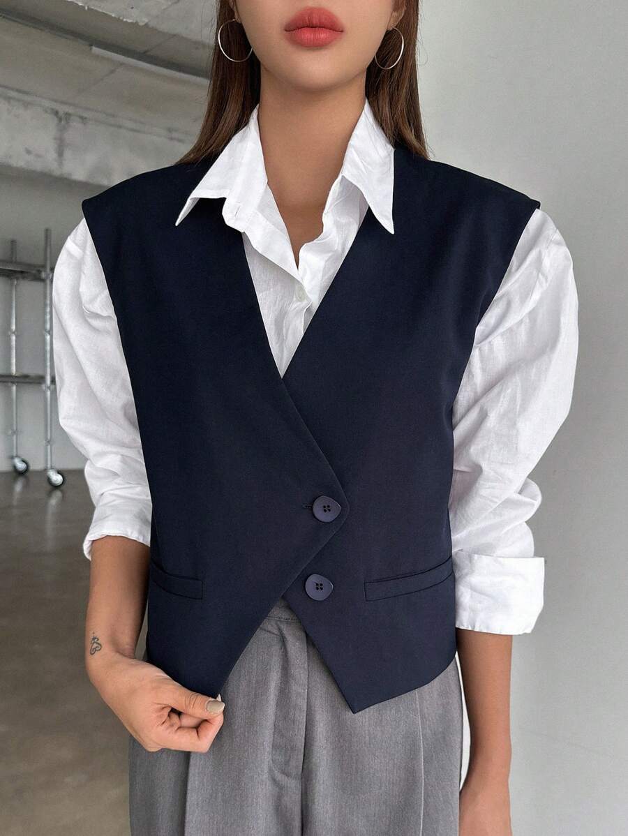 DAZY Solid Button Front Waistcoat Without Blouse,Fall Clothes Business Attire - Navy Blue - View 1