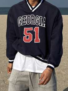 DAZY 男士字母图案条纹V领卫衣，秋季商务装 - 藏蓝色 - 查看 4