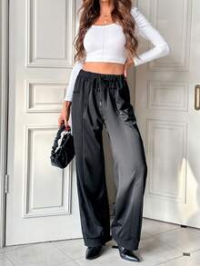 SHEIN Essnce Dây thắt lưng Quần ống rộng - màu đen - Xem 4