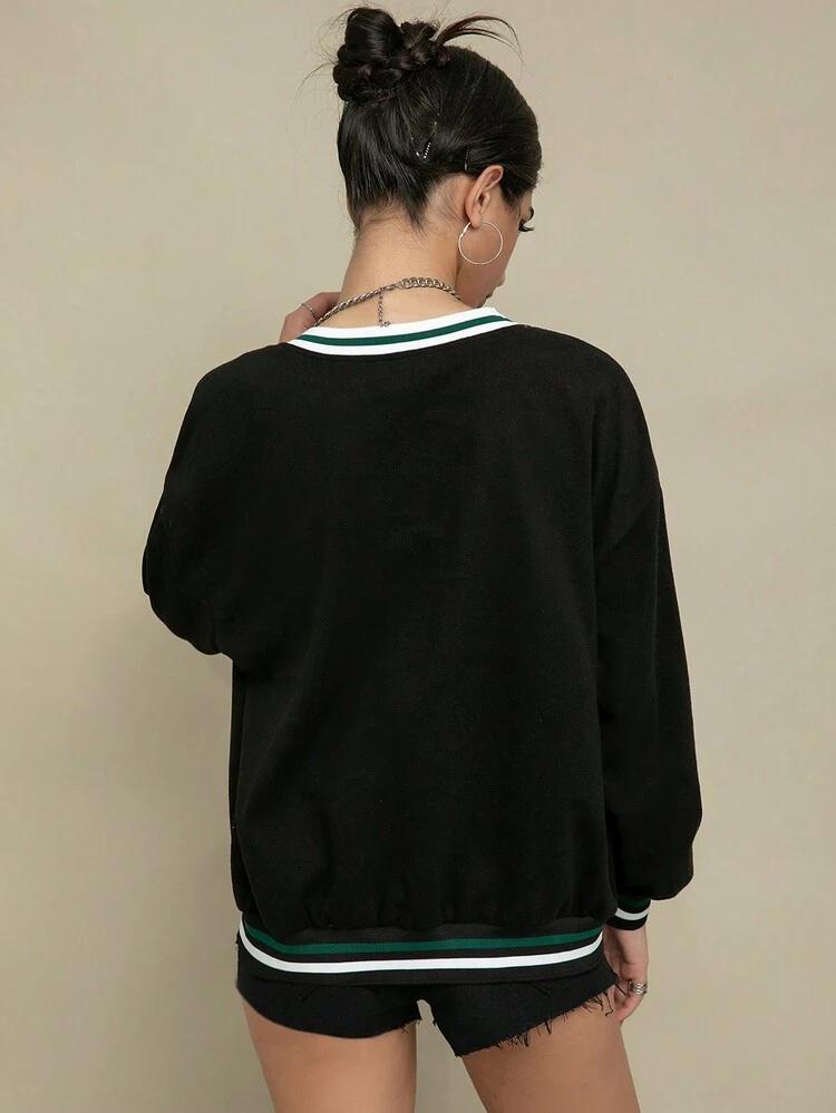 Letter Patched Striped Trim Drop Shoulder Dual Pocket Button Front Overcoat