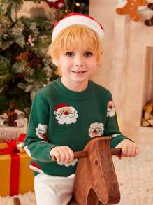 SHEIN Suéter con patrón de Papá Noel de Navidad para niño joven - Verde Oscuro - Ver 4