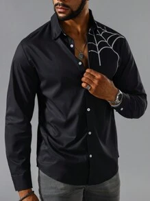 Manfinity LEGND Hombres Camisa con estampado de telaraña con botón - Negro - Ver 4