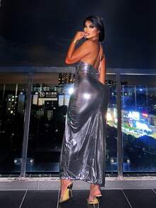 Cắt ra Dây rút Tách đùi Kim loại Váy dây - Xám - Xem 2