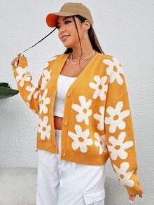 SHEIN EZwear Plus Floral Pattern Drop Shoulder Cardigan - Multicolor - View 6