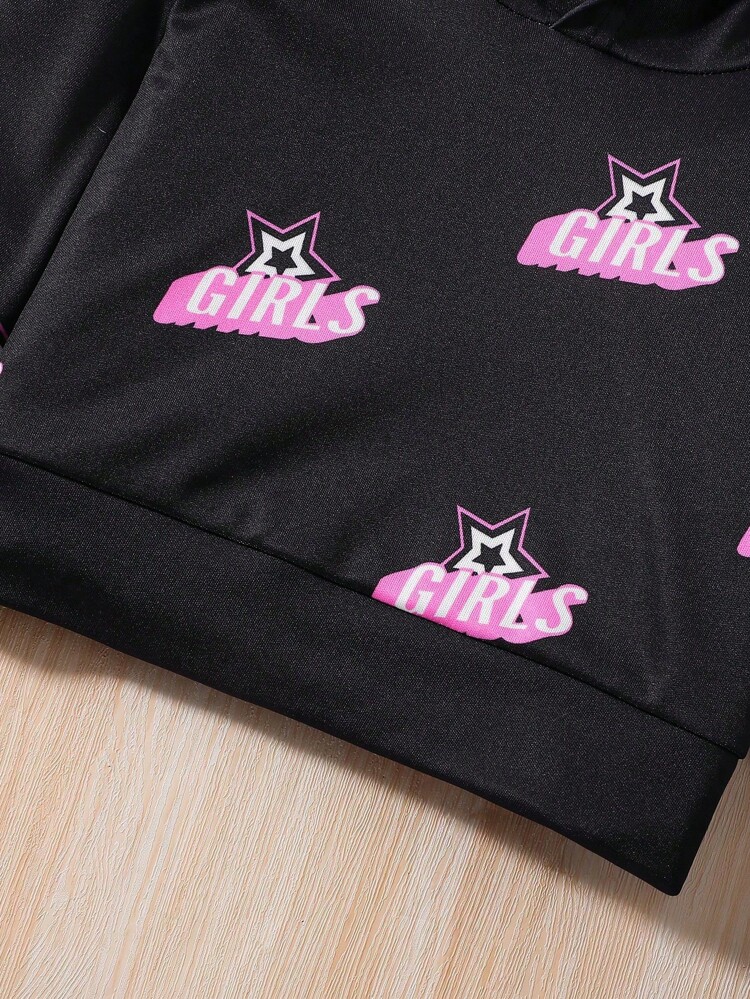 Young Girl Letter & Star Print Hoodie & Ruffle Hem Skirt