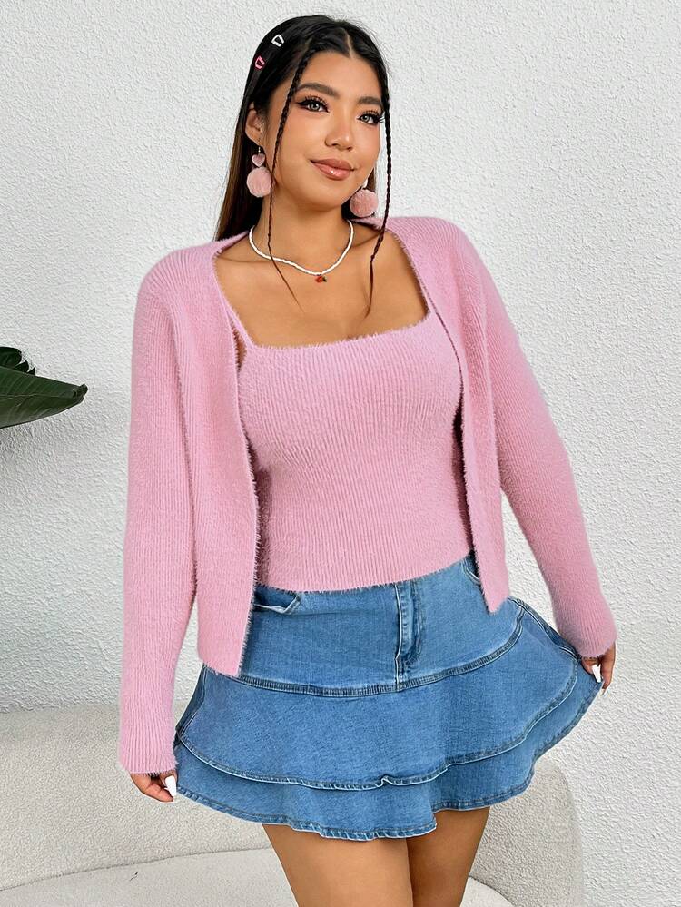 Plus Size Solid Cami Knit Top & Cardigan