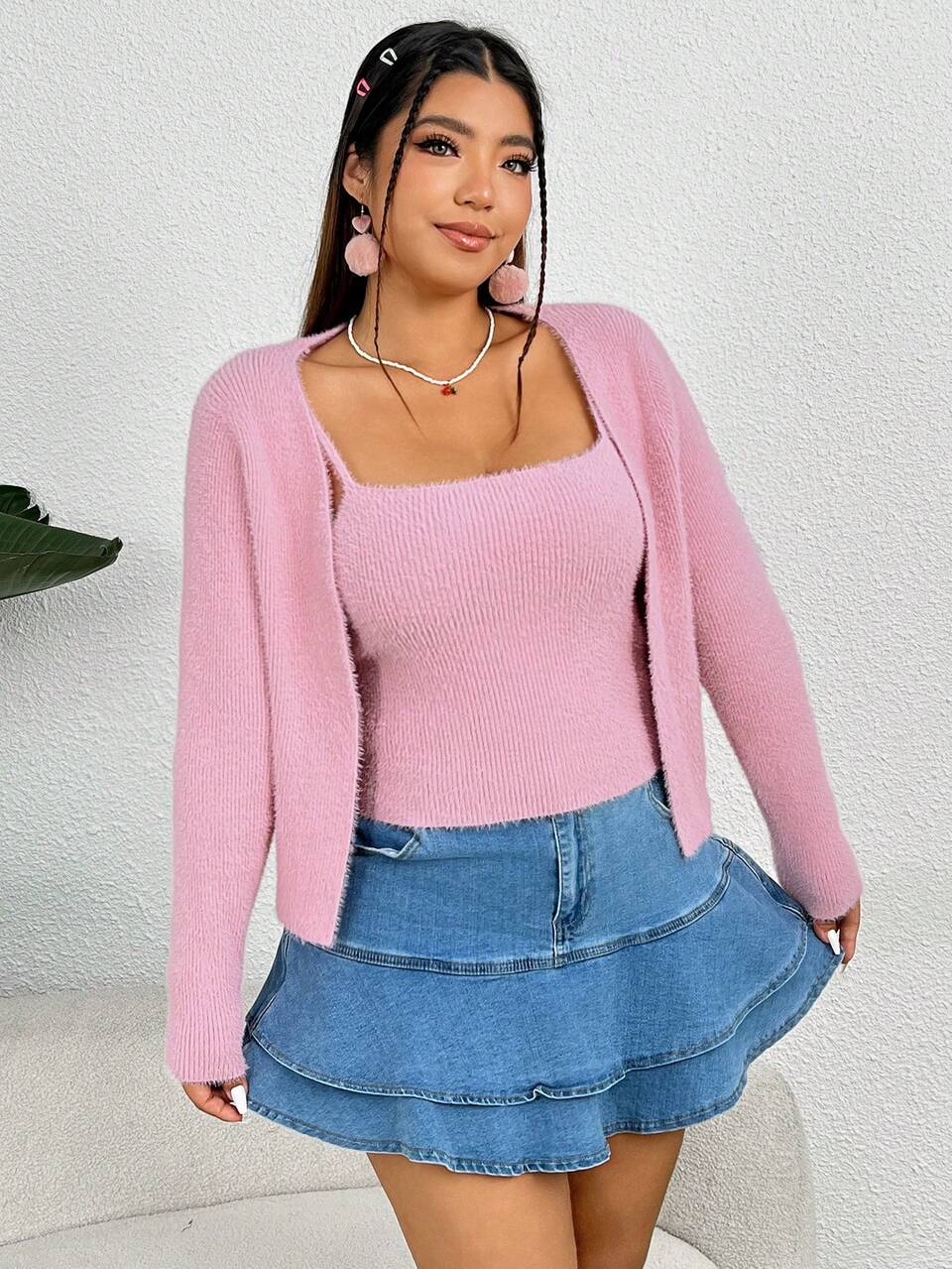 Plus Size Solid Cami Knit Top & Cardigan