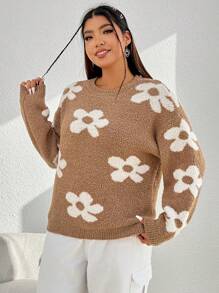 SHEIN EZwear 大碼花卉圖案落肩袖套頭毛衣 - 彩色 - 查看 3