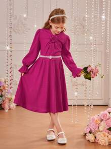 SHEIN Tween Girl 3d Rose Front Flare Sleeve Dress Without Belt - Mint Green - View 5