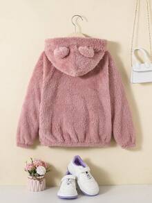 SHEIN Tween Girl Letter Embroidery 3D Ears Design Flannel Sweatshirt - Pink - View 2