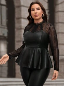 SHEIN Clasi Plus Ruffle Hem PU Leather Peplum Top Without Cami Top, For Winter