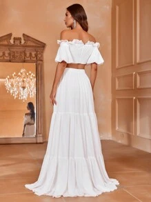 Off Shoulder Frill Trim Top & Ruffle Hem Skirt - White - View 3