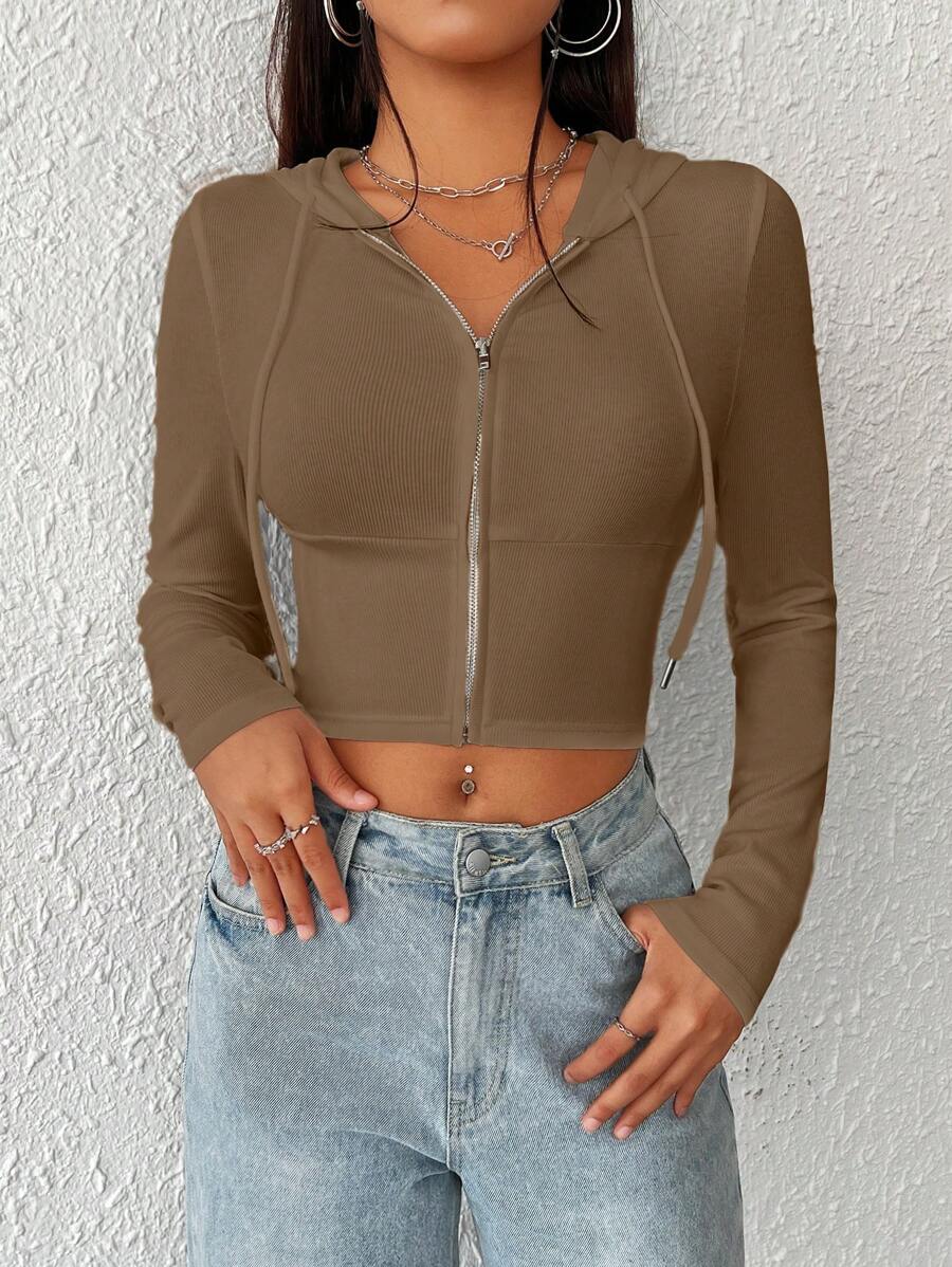 SHEIN EZwear Dây kéo Dây rút Áo hoodie ngắn - màu nâu - Xem 1