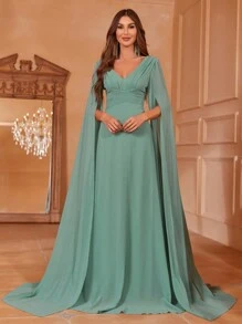 Faeriesty 褶饰前襟斗篷袖雪纺礼服 - 綠色 - 查看 2