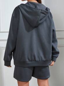 SHEIN Unity 字母圖案拉鏈開襟落肩袖抽繩連帽衫和短褲 - 灰色 - 查看 2