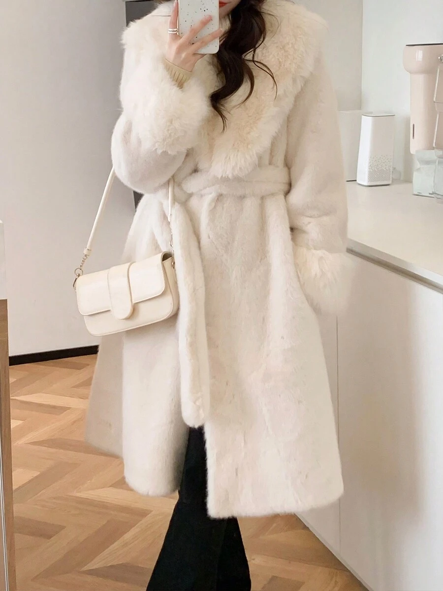 Solid Open Front Belted Fuzzy Coat - White - View 1