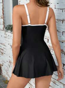 Contrast Binding Ruffle Hem Tankini - Black and White - View 2