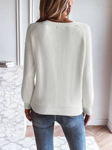 SHEIN LUNE Jersey de cuello con muesca y mangas raglán de punto de cable para otoño e invierno - Blanco - Ver 2
