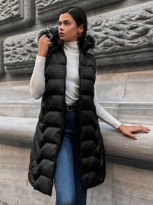 EURMUSE Slant Pockets Fuzzy Trim Hooded Puffer Vest Coat - Black - View 1