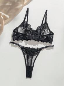 Floral Embroidered Schiffy Underwire Lingerie Set - Black - View 2