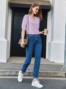 BizChic Solid Notched Neck Blouse - Mauve Purple - View 7