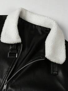 Manfinity Homme 男士时尚博格领拉链夹克，秋季外出黑色长袖拼色 PU 皮夹克，适合朋友、丈夫、男朋友的礼物，垃圾摇滚 - 黑色 - 查看 4