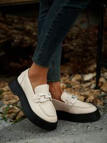 Women's Wedge Heel & Thick Sole Loafers - Beige - View 1