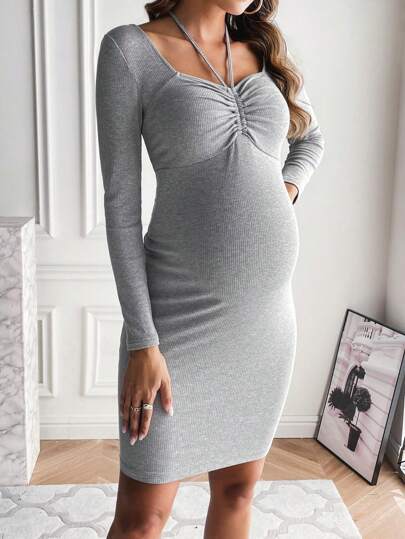 SHEIN Maternity Ruched Bust Tie Back Bodycon Dress