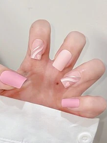Transform Your Nails with 24pcs Short Square Pink Matte Striped Heart Fake Nail & 1sheet Tape & 1pc Nail File