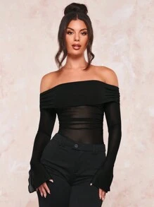 SHEIN BAE 一字肩褶邊網紗上衣 - 黑色 - 查看 4