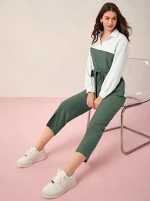 Mulvari 雙色不對稱下擺腰帶上衣和褲子 - 綠色 - 查看 5