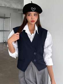DAZY Solid Button Front Waistcoat Without Blouse,Fall Clothes Business Attire - Navy Blue - View 3