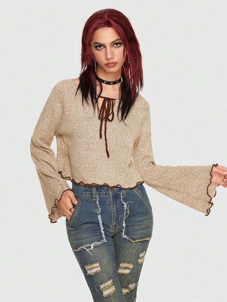 Tie Neck Flounce Sleeve Crop Sweater