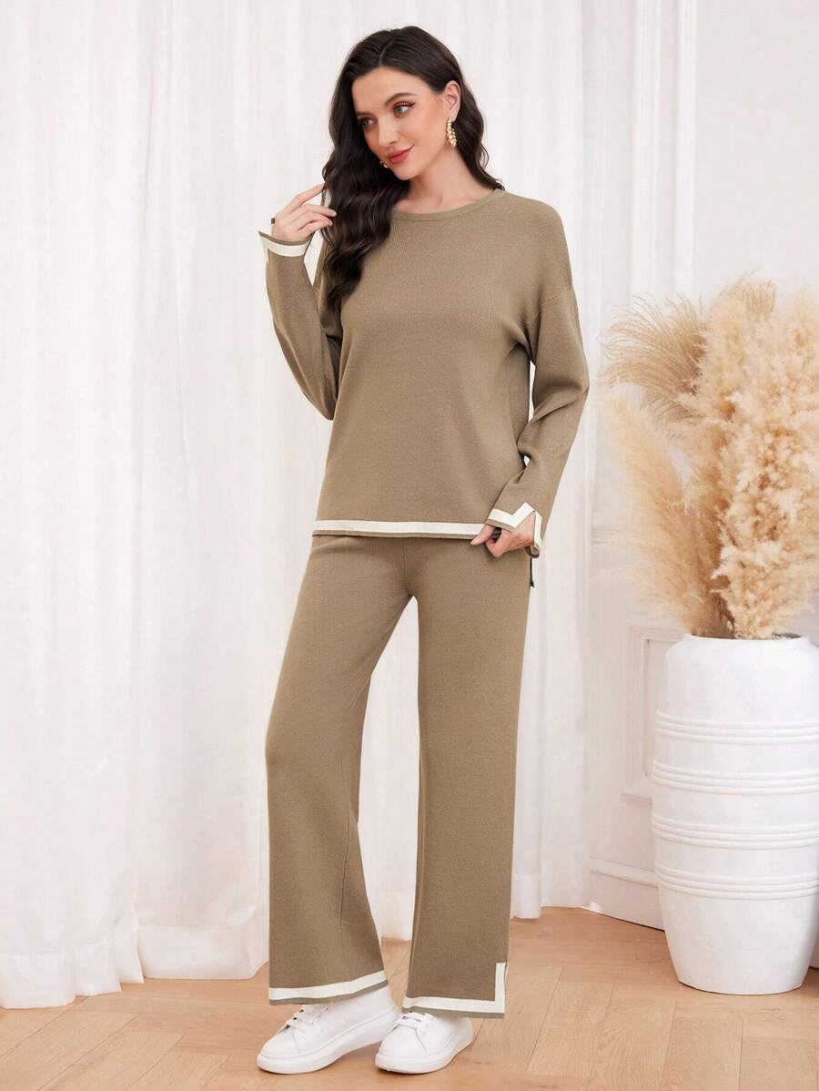 Mulvari 落肩毛衣 & 针织裤 2 件套 - 駝色 - 查看 1
