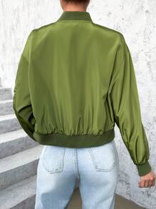 SHEIN Essnce Flap Pocket Drop Shoulder Bomber Jacket - Army Green - View 2