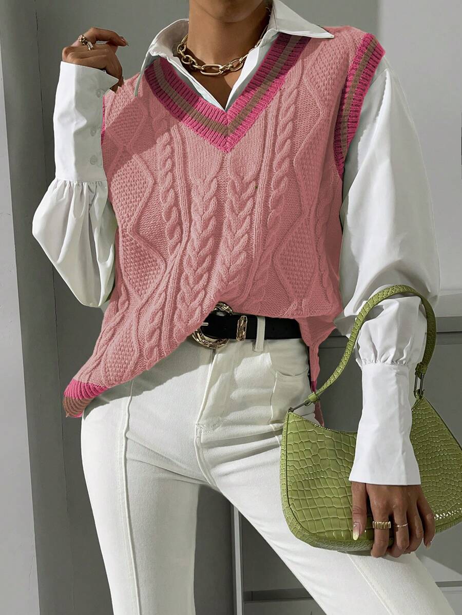 Chiquease 女士休闲宽松条纹V领针织背心，秋冬季 - 彩色 - 查看 1