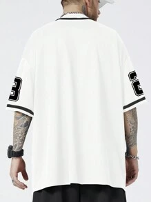 ROMWE MEN Prep Men Short Sleeve Baseball Shirt Contrast Trim Letter Print, School