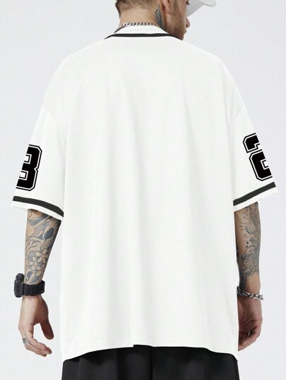 Prep Men Short Sleeve Baseball Shirt Contrast Trim Letter Print, School