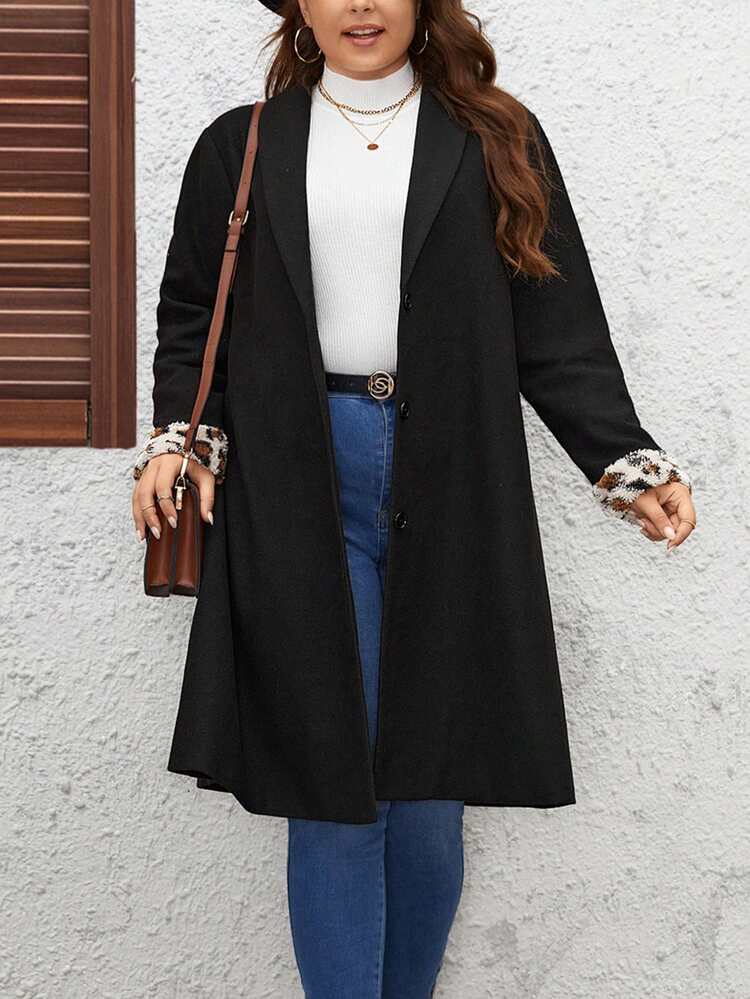 Plus Shawl Collar Leopard Pattern Cuff Overcoat