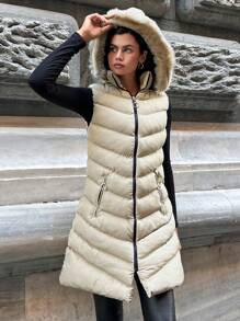 EURMUSE Zip Up Hooded Puffer Vest Coat - Beige - View 3
