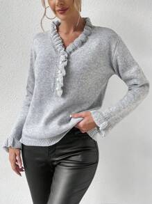 SHEIN Essnce 褶邊荷葉袖套頭毛衣 - 淺灰色 - 查看 7