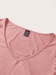 SHEIN BASICS Chất rắn Cổ v Áo phông Crop - Hồng - Xem 4