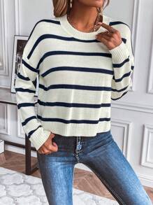 SHEIN LUNE 條紋圖案落肩袖套頭毛衣 - 彩色 - 查看 5
